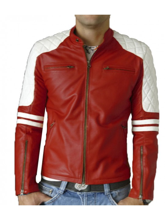 Mens Quilted Shoulder Red Leather Biker Motorcycle Jacket