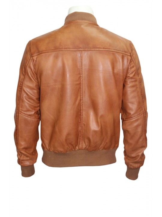 Mens Retro Classic Stylish Rock Tan Leather Bomber Jacket