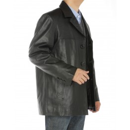 Mens Three Button Black Lambskin Leather Overcoat Blazer Jacket