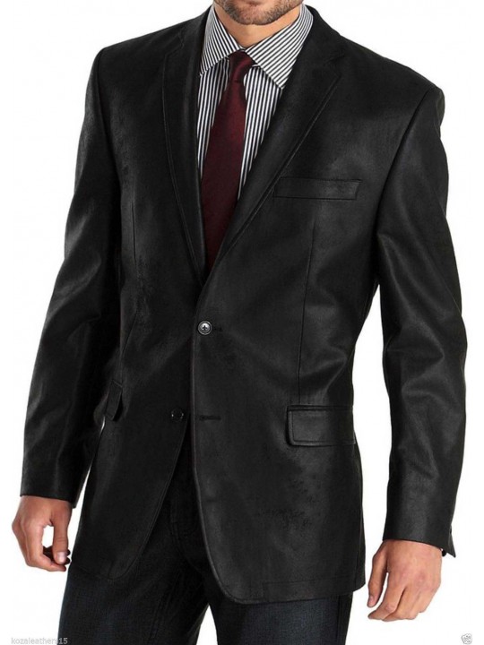 Mens Two Button Blazer Style Black Leather Coat
