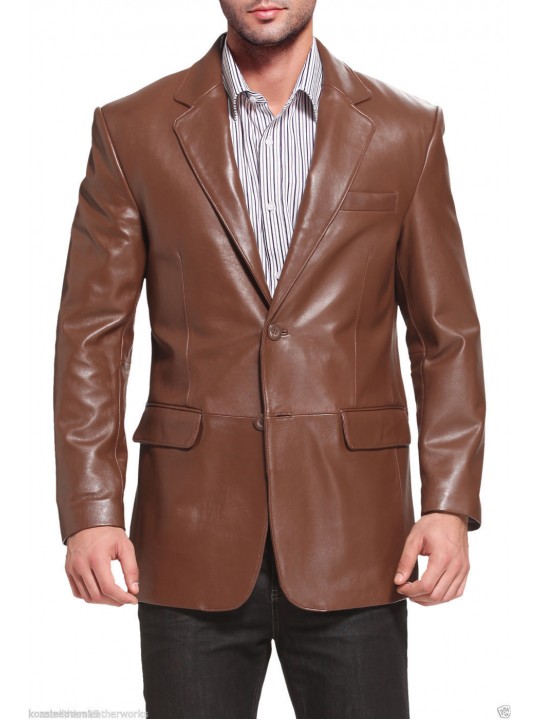 Mens Branded Genuine Lambskin Brown Leather Blazer