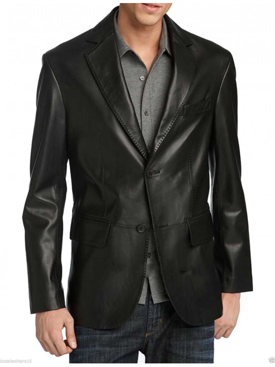 Mens Button Closure Genuine Black Leather Blazer
