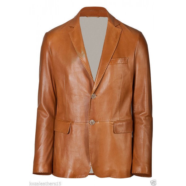 Mens Two Button Genuine Lambskin Brown Leather Blazer Coat