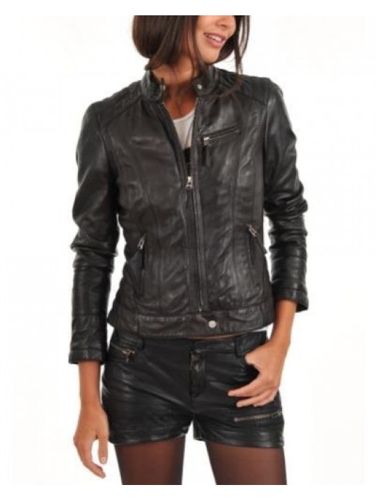 New Style Real Black Leather Jacket for Womens