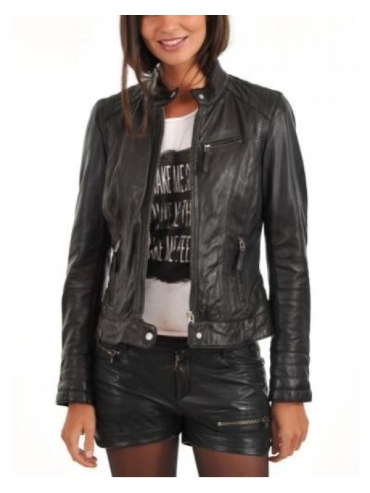 New Style Real Black Leather Jacket for Womens
