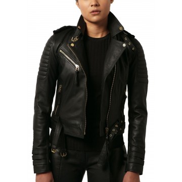 Quilted Lambskin Black Leather Biker Motorcycle Jacket for Women