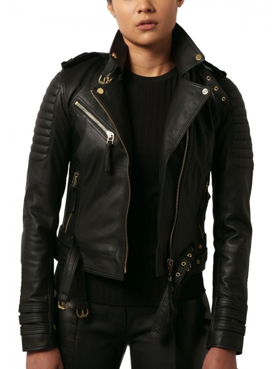 Quilted Lambskin Black Leather Biker Motorcycle Jacket for Women