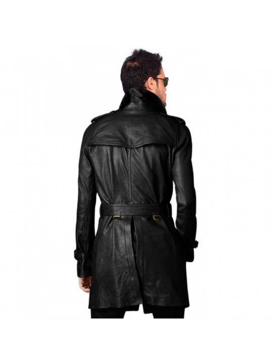 Vintage Style Long Black Leather Coat Mens