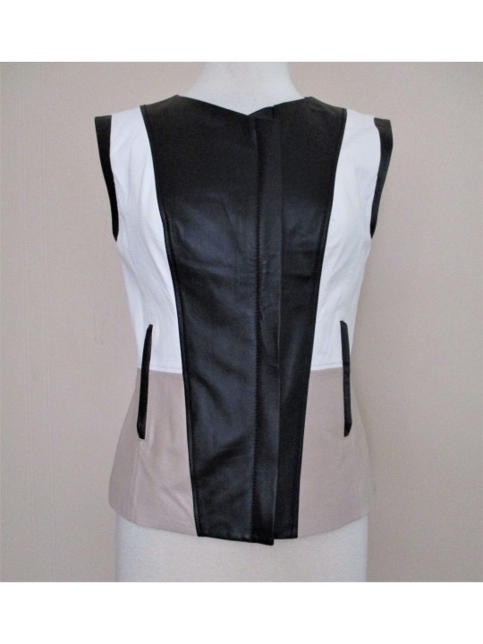 Women White Taupe Soft Black Leather Vest