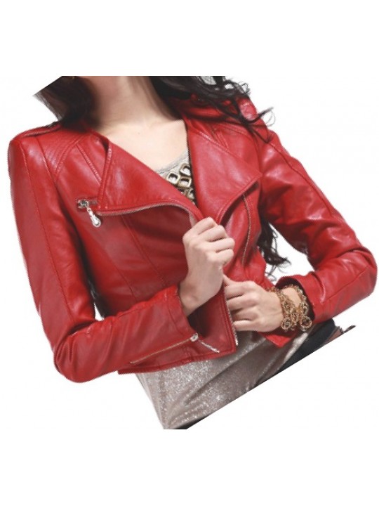 Womens Cropped Moto Style Real Sheepskin Red Leather Biker Motorcycle Jacket