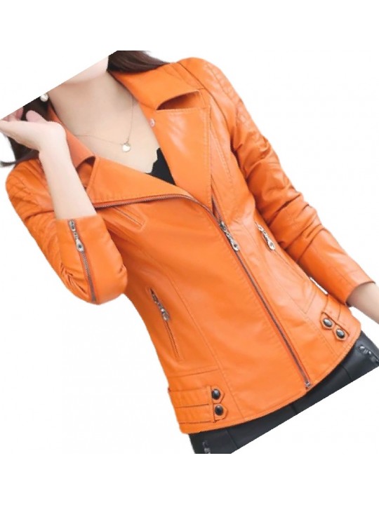 Womens Zipper Moto Original Sheepskin Leather Orange Motorcycle Biker Jacket