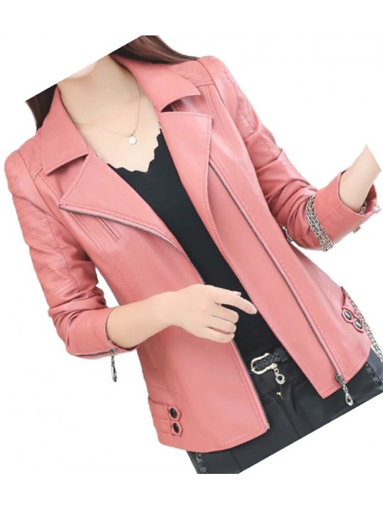 Womens Zipper Moto Pink Original Sheepskin Leather Motorcycle Biker Jacket