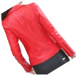 Womens Zipper Moto Original Sheepskin Red Leather Motorcycle Biker Jacket