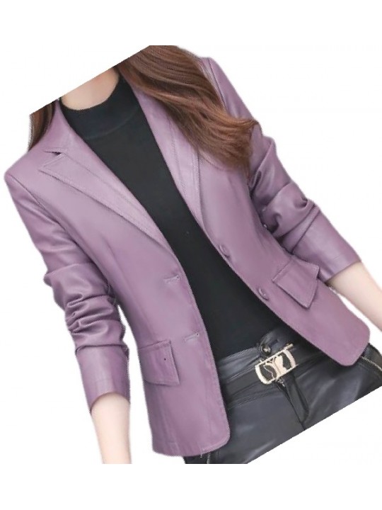 Womens Classic Real Sheepskin Purple Leather Blazer Coat