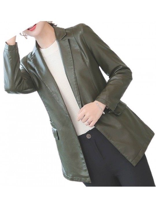 Womens Smart Look Real Sheepskin Olive Green Leather Blazer Coat