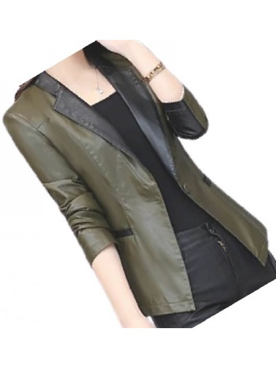 Womens Trendy Real Sheepskin Olive Green Leather Blazer Coat
