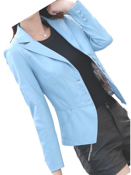 Womens Unique Look Real Lambskin Blue Leather Blazer Coat