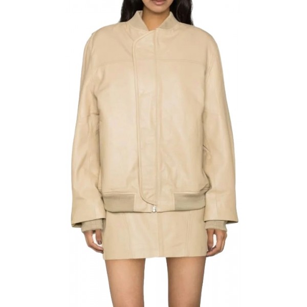 Baseball Collar Beige Leather Bomber Jacket