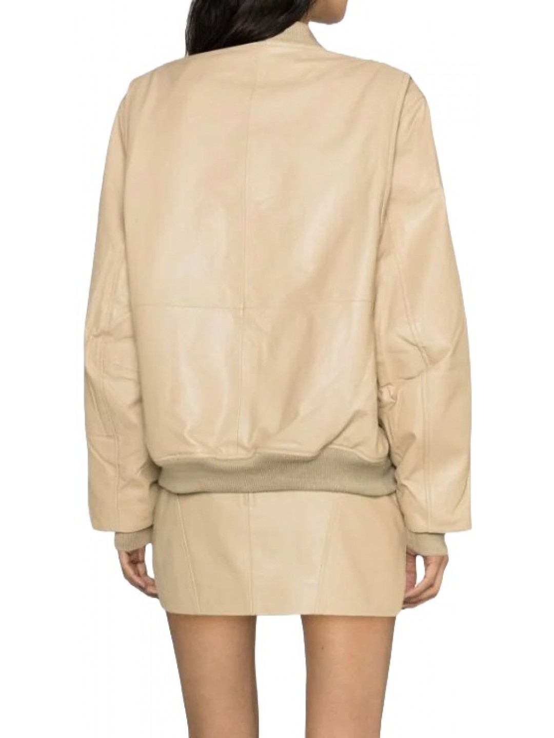 Baseball Collar Beige Leather Bomber Jacket