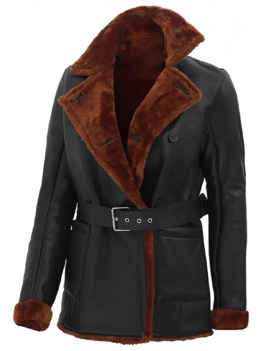 Women Winter Double Breasted Real Sheepskin Black Leather Coat