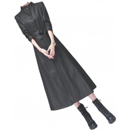 Womens Beautiful Design Real Lambskin Black Long Leather Trench Coat 