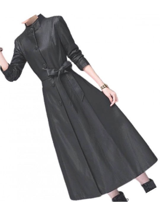Womens Beautiful Design Real Lambskin Black Long Leather Trench Coat