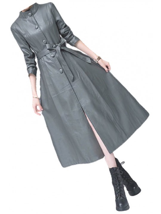 Womens Beautiful Design Real Lambskin Gray Long Leather Trench Coat