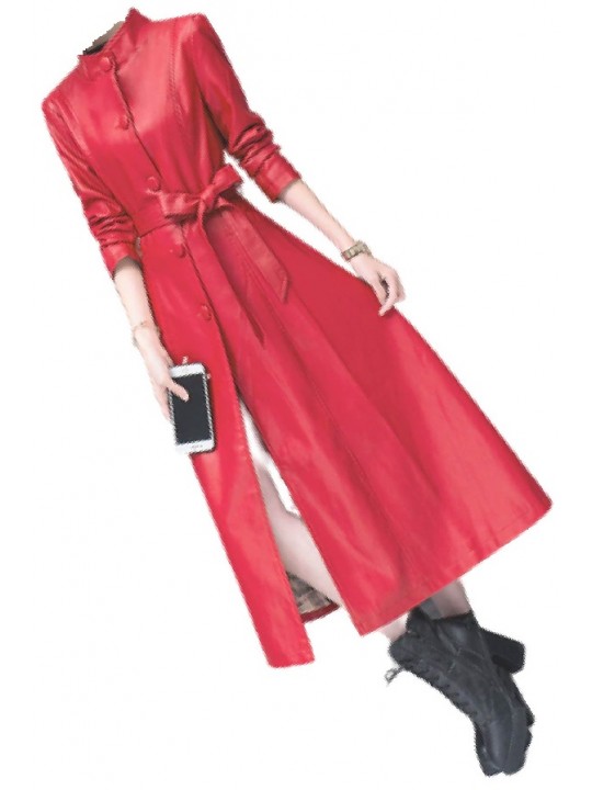 Womens Beautiful Design Real Lambskin Red Long Leather Trench Coat