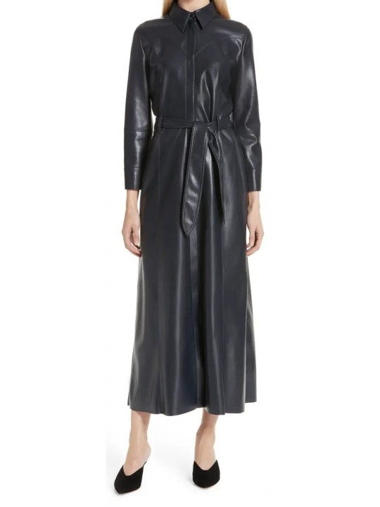 Womens Belted Real Sheepskin Black Leather Maxi Dress