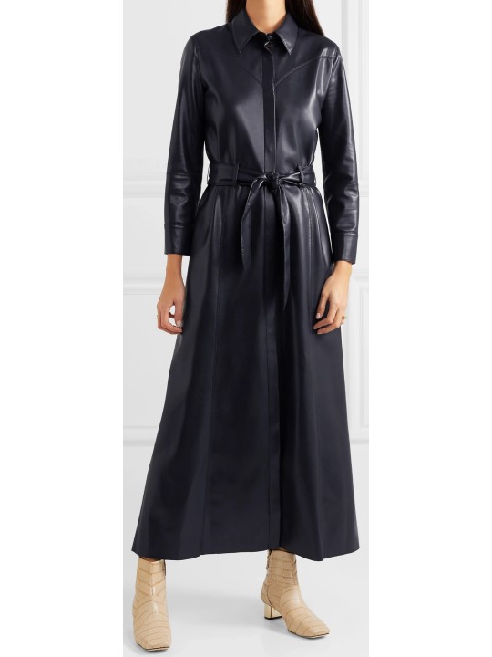 Womens Belted Real Sheepskin Navy Blue Leather Maxi Dress