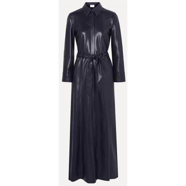 Womens Belted Real Sheepskin Navy Blue Leather Maxi Dress