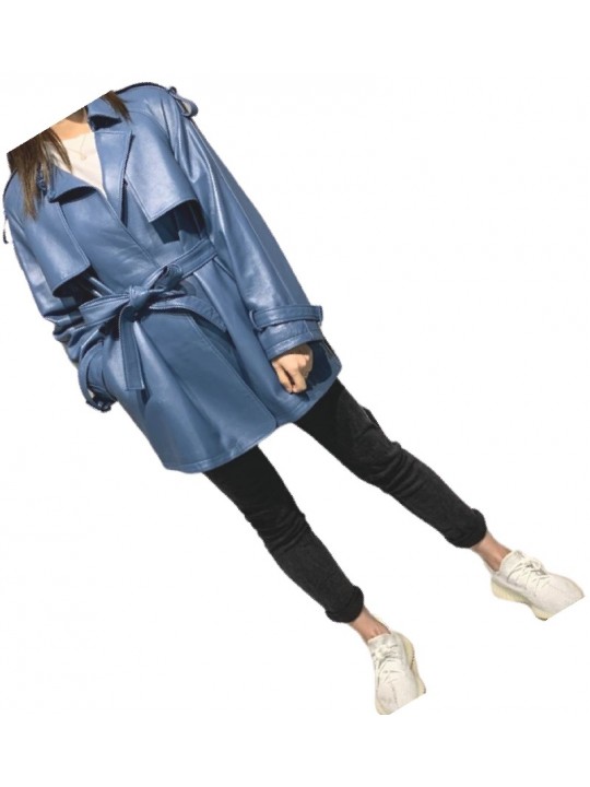 Womens Classic Street Wear Genuine Sheepskin Blue Long Leather Trench Coat Jacket