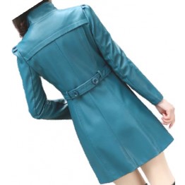 Womens Cool Fashion Real Lambskin Blue Long Leather Trench Coat