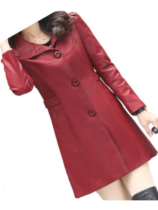 Womens Cool Fashion Real Lambskin Red Long Leather Trench Coat