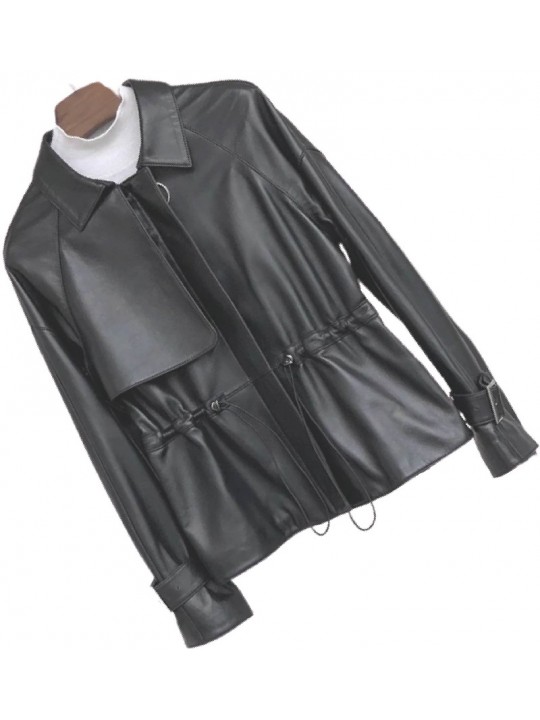 Womens Distinctive Style Genuine Sheepskin Black Leather Jacket Coat