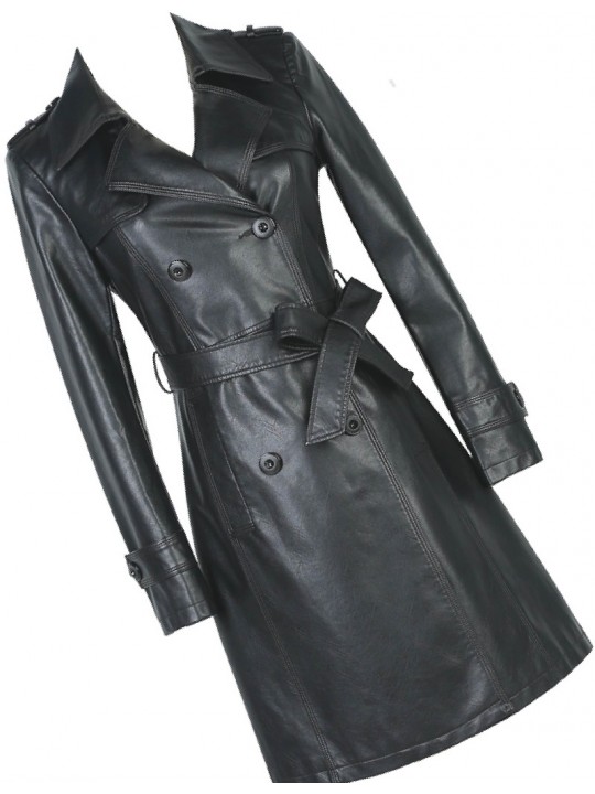 Womens Double Breasted Real Lambskin Black Long Leather Trench Coat