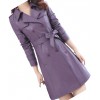 Womens Double Breasted Real Lambskin Purple Long Leather Trench Coat