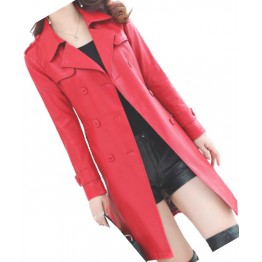 Womens Double Breasted Real Lambskin Red Long Leather Trench Coat