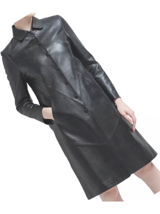 Womens Edgy Genuine Sheepskin Black Long Leather Trench Coat