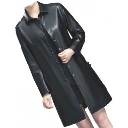 Womens Elegant Real Lambskin Black Long Leather Trench Coat