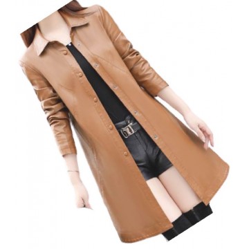 Womens Exceptional Fashion Genuine Sheepskin Brown Long Leather Trench Coat