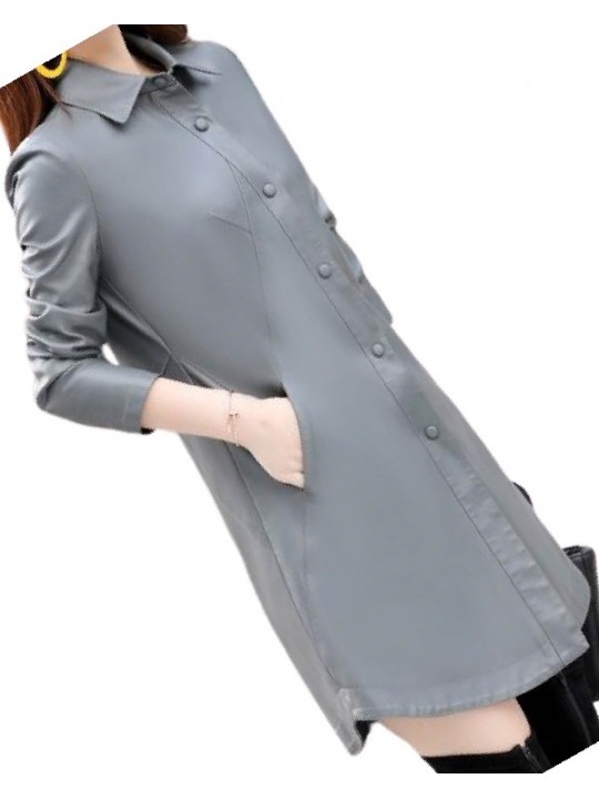 Womens Exceptional Fashion Genuine Sheepskin Gray Long Leather Trench Coat