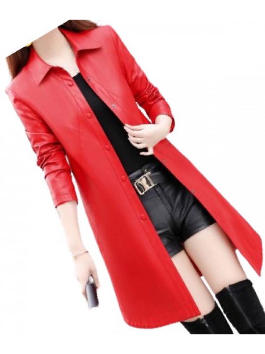 Womens Exceptional Fashion Genuine Sheepskin Red Long Leather Trench Coat