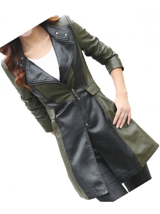 Womens Fabulous Real Lambskin Olive Green Long Leather Trench Coat