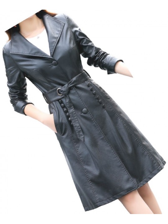 Womens Fashionable Real Lambskin Black Long Leather Trench Coat