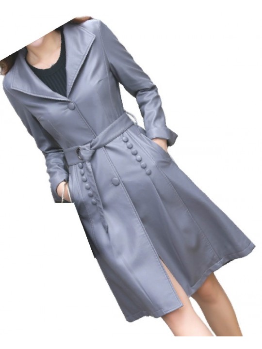 Womens Fashionable Real Lambskin Gray Long Leather Trench Coat