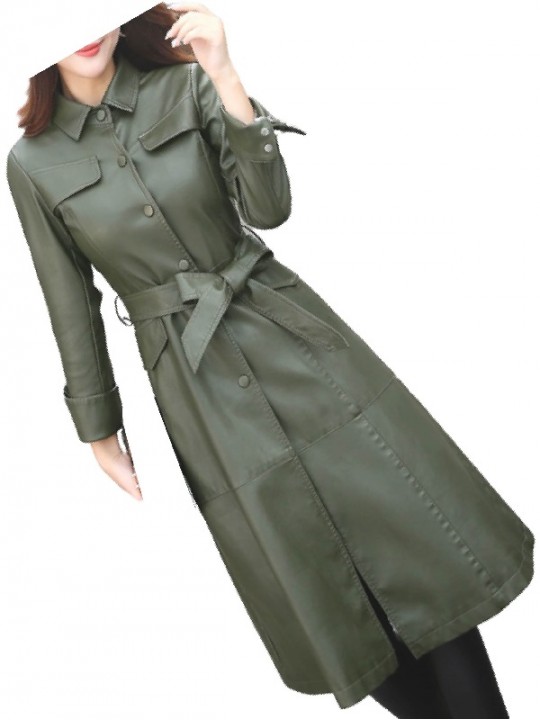Womens Glamorous Real Lambskin Olive Green Long Leather Trench Coat