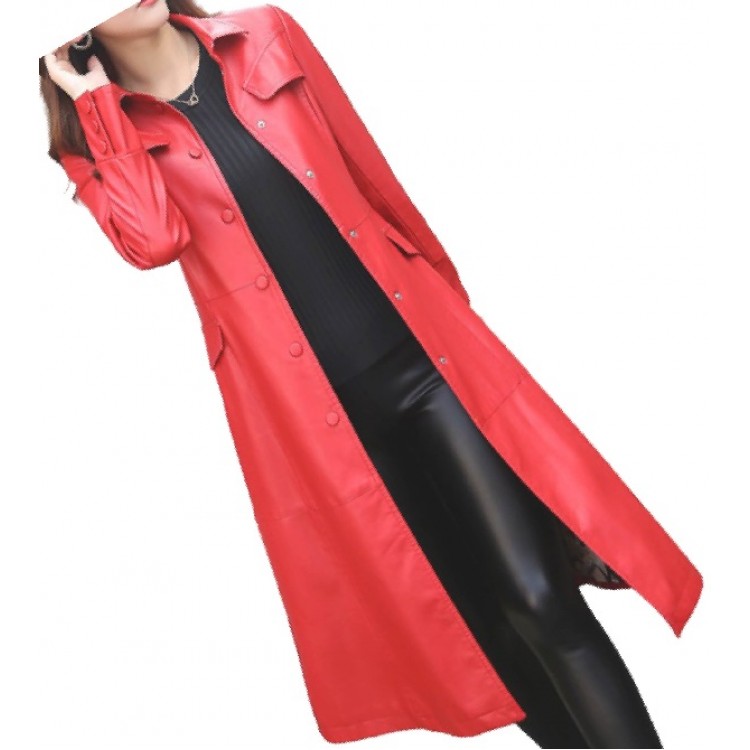 Womens Glamorous Real Lambskin Red Long, Ladies Red Trench Coat