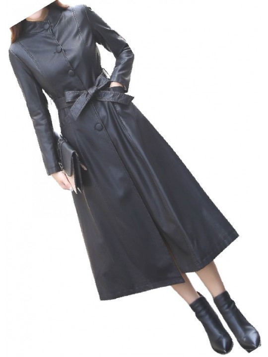 Womens Great Look Real Lambskin Black Long Leather Trench Coat