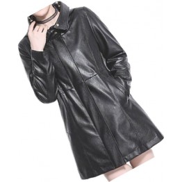 Womens Hooded Genuine Sheepskin Black Long Leather Trench Coat